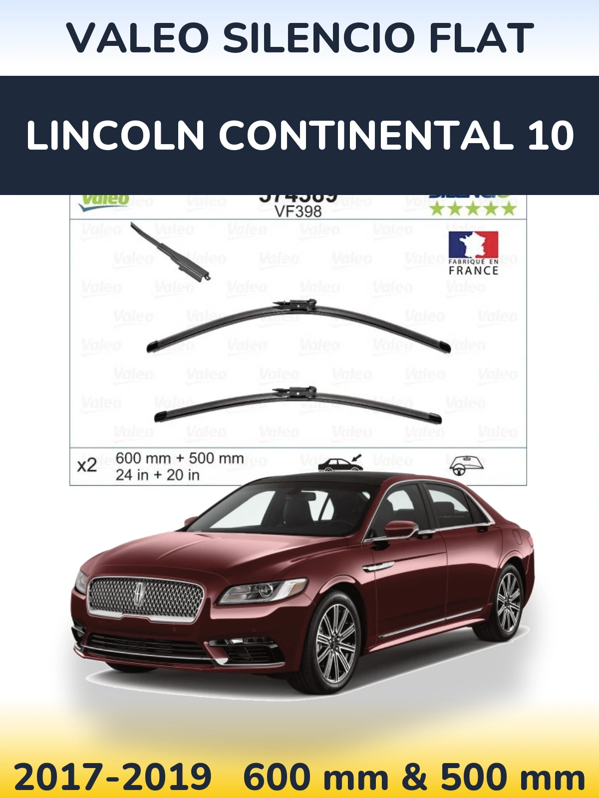 Front wiper blade set Valeo Silencio Flat 600 & 500 mm for Lincoln Continental 10 2017-2019