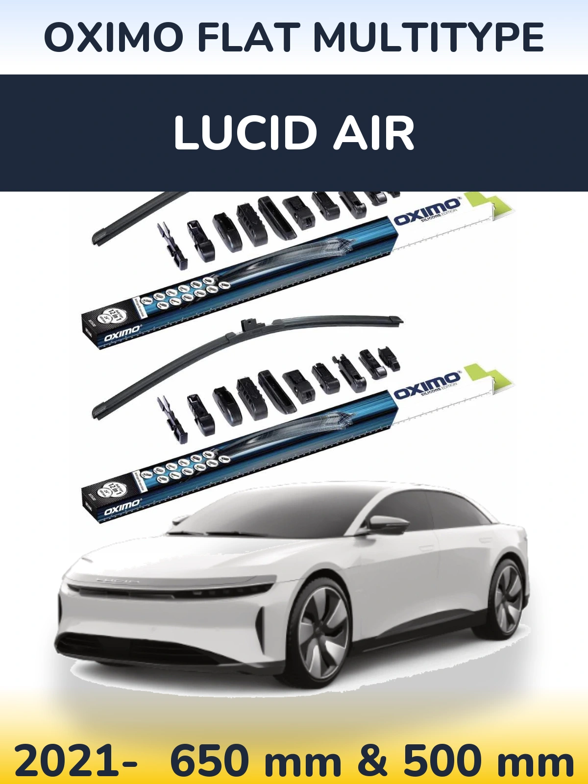 Front wiper blade set Oximo Flat MultiTipse 650 & 500 mm for Lucid Air 2021-2026