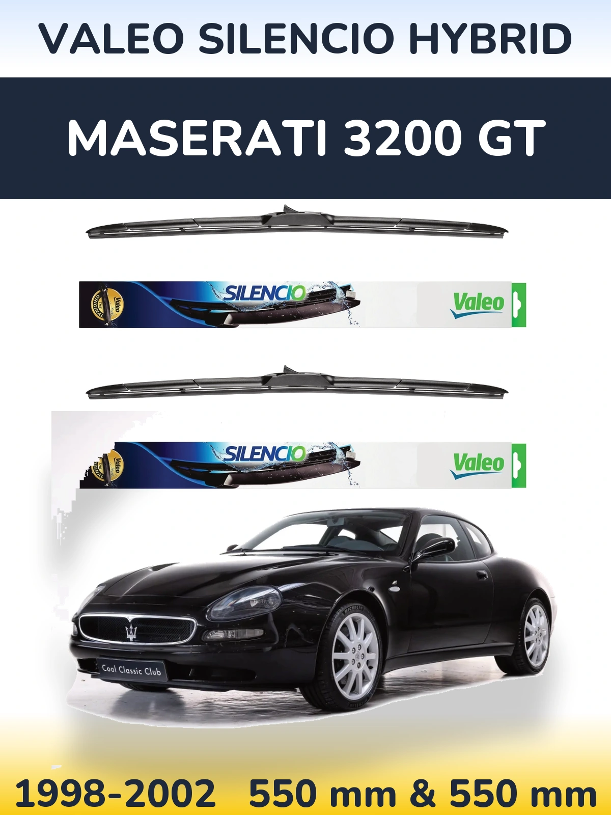 Front wiper blade set Valeo Silencio Hybrid 550 & 550 mm for Maserati 3200 GT 1998-2002