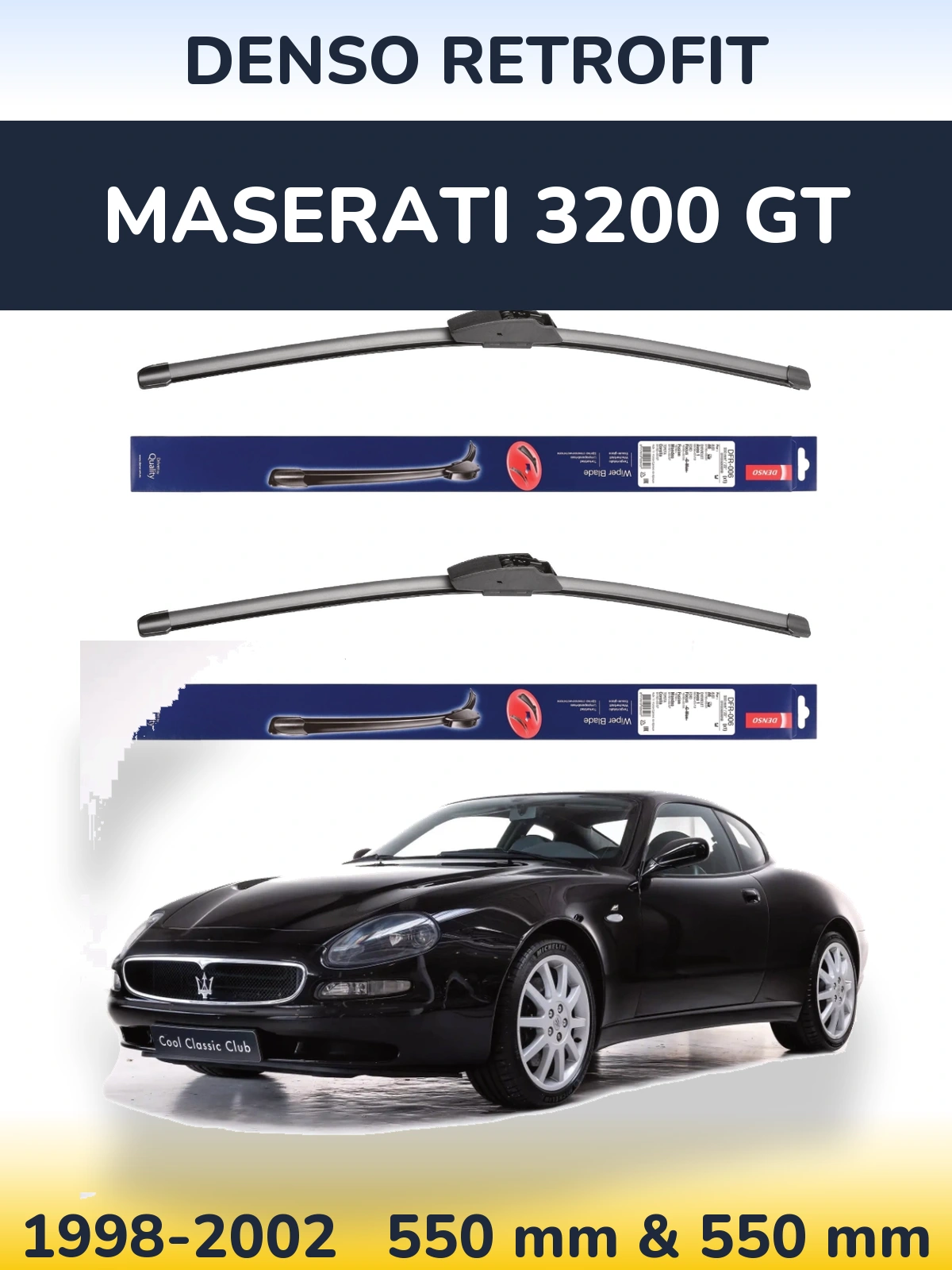 Front wiper blade set Denso Retrofit 550 & 550 mm for Maserati 3200 GT 1998-2002
