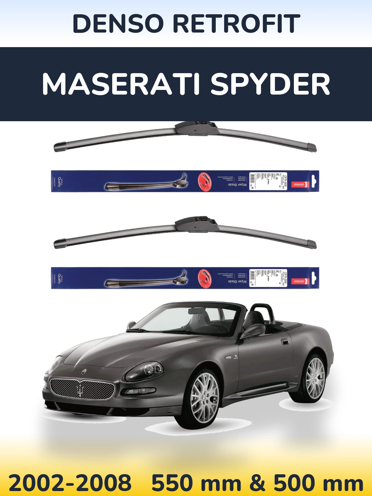 Front wiper blade set Denso Retrofit 550 & 500 mm for Maserati Spyder 2002-2008