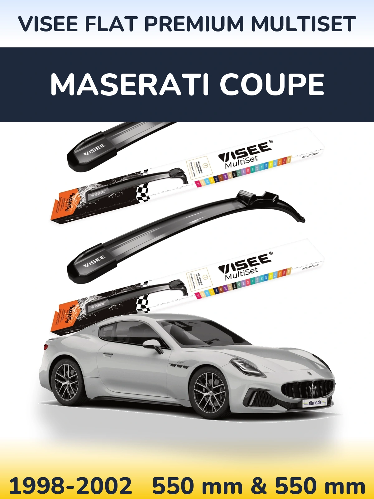 Front wiper blade set VISEE FLAT PREMIUM MultiSet 550 & 550 mm for Maserati Coupe 1998-2002