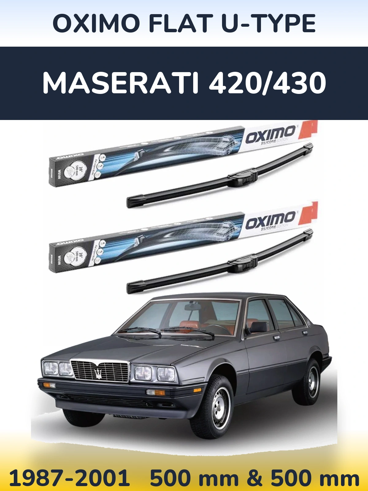 Front wiper blade set Oximo Flat U-type 500 & 500 mm for Maserati 420/430 1987-2001