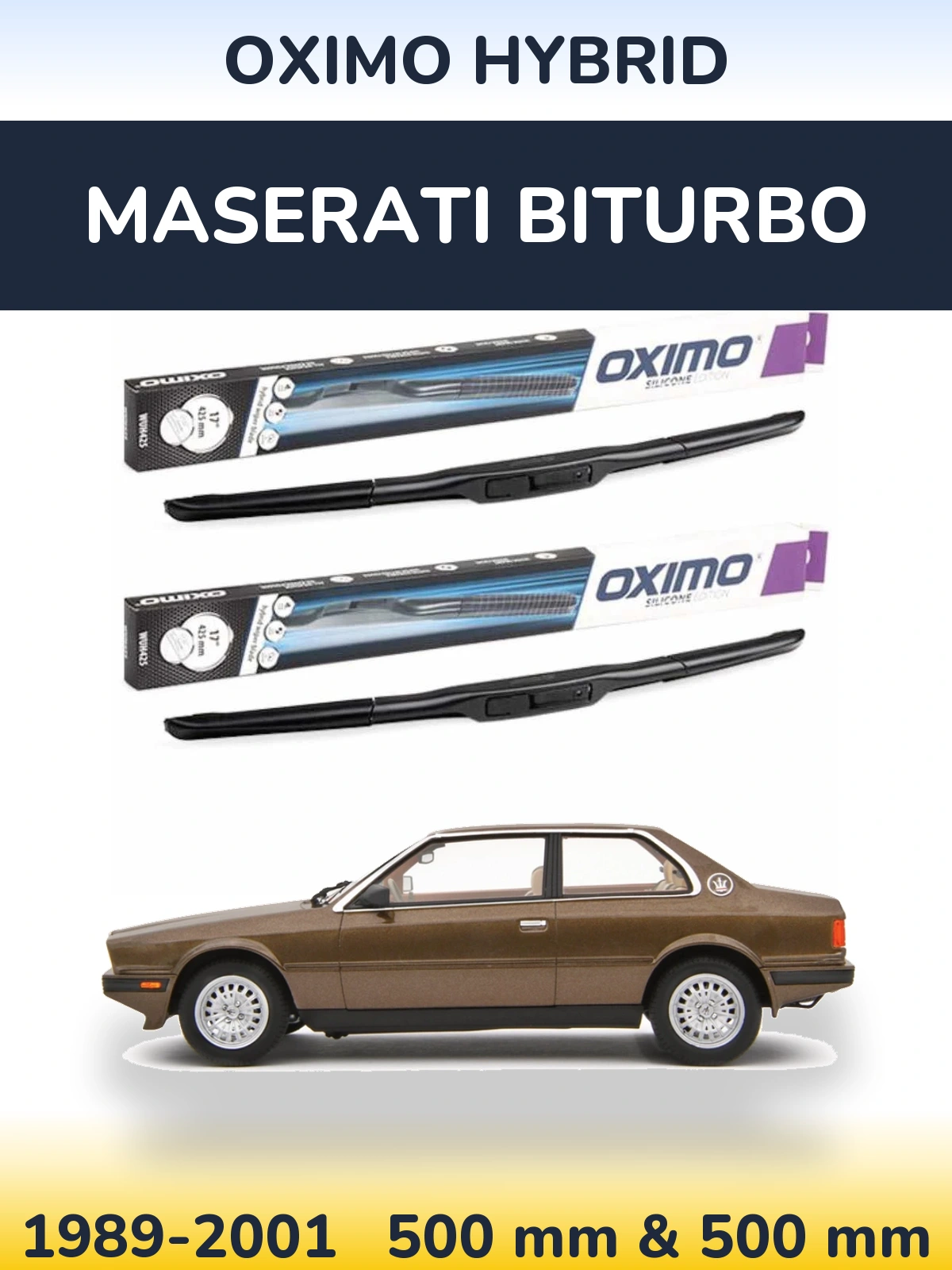 Front wiper blade set Oximo Hybrid 500 & 500 mm for Maserati Biturbo 1989-2001