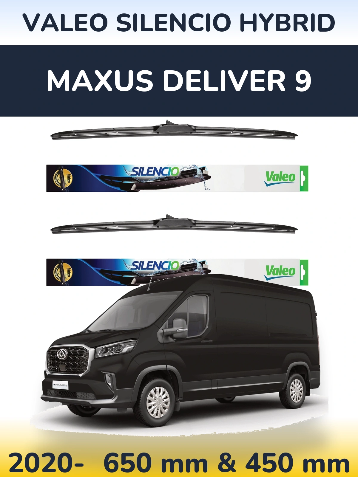 Front wiper blade set Valeo Silencio Hybrid 650 & 450 mm for Maxus Deliver 9 2020-2026