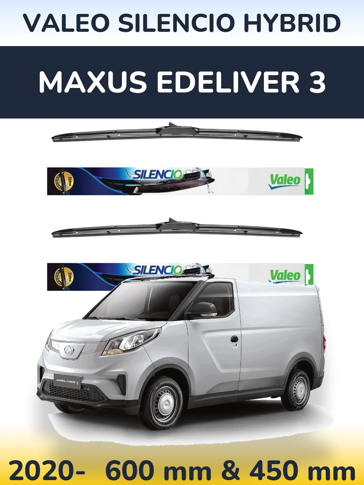 Front wiper blade set Valeo Silencio Hybrid 600 & 450 mm for Maxus eDeliver 3 2020-2026