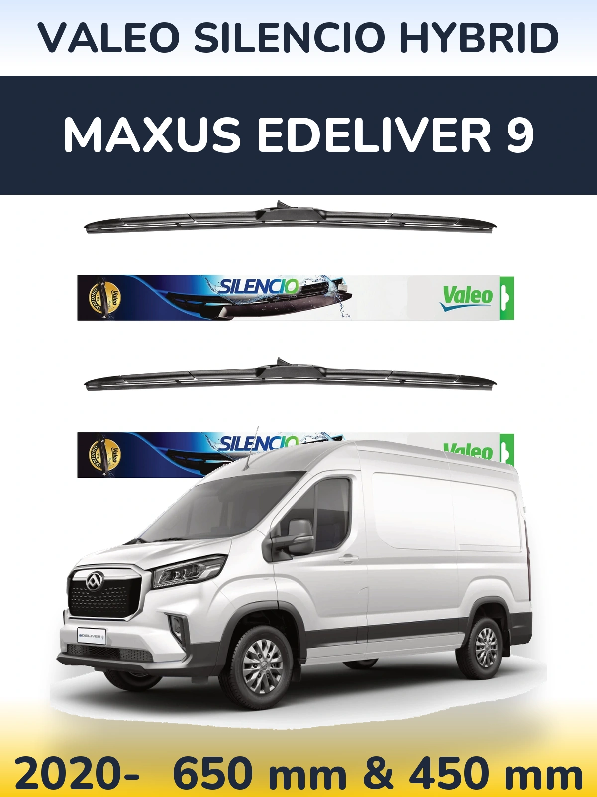Front wiper blade set Valeo Silencio Hybrid 650 & 450 mm for Maxus eDeliver 9 2020-2026