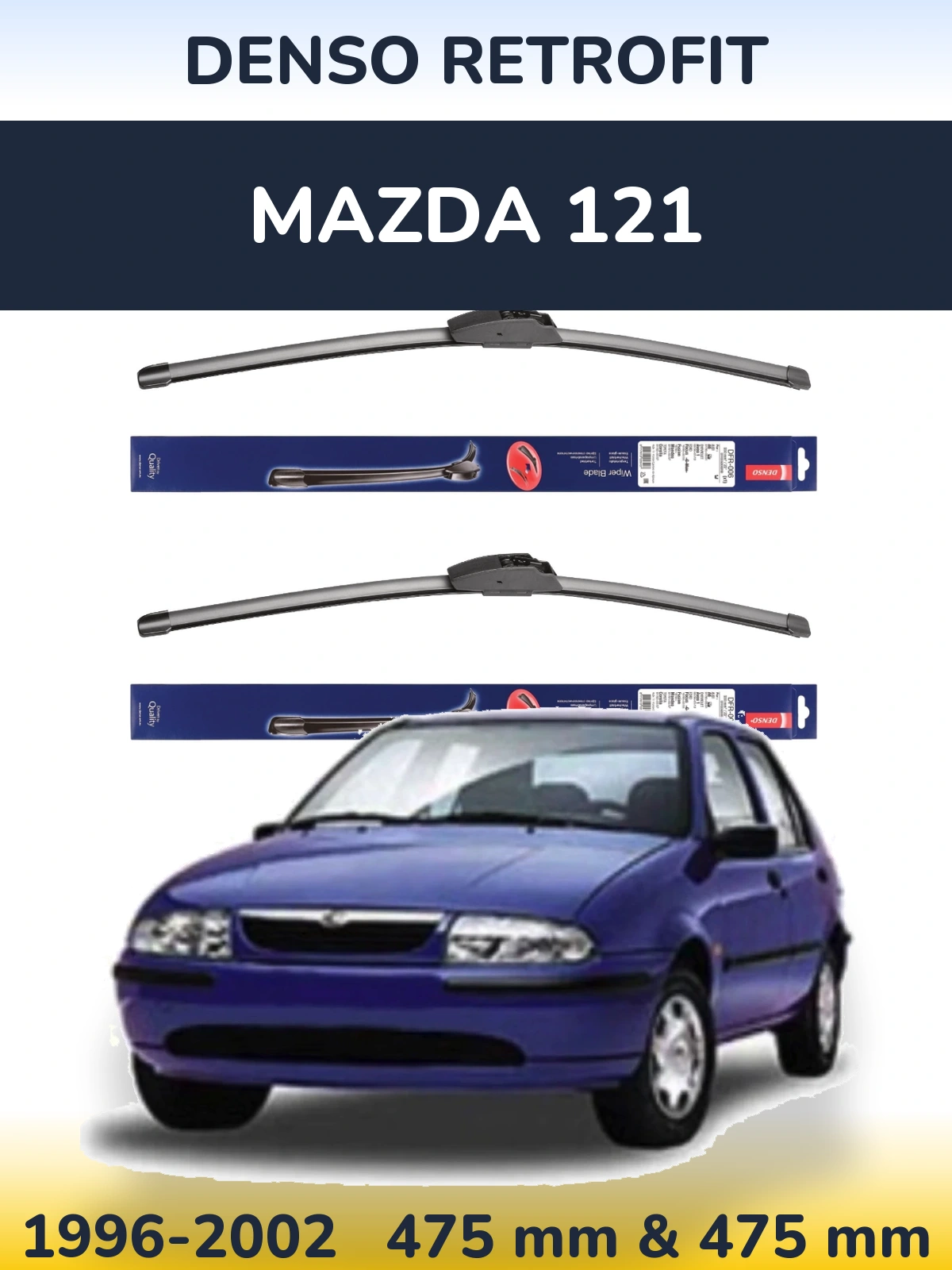 Front wiper blade set Denso Retrofit 475 & 475 mm for Mazda 121 1996-2002
