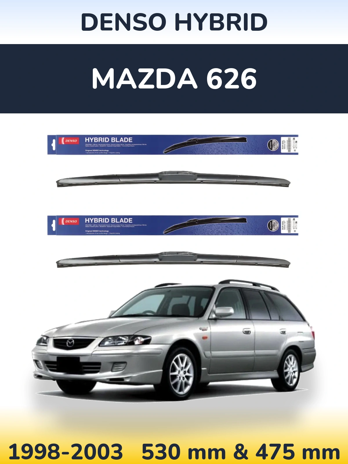 Front wiper blade set Denso Hybrid 530 & 475 mm for Mazda 626 1998-2003