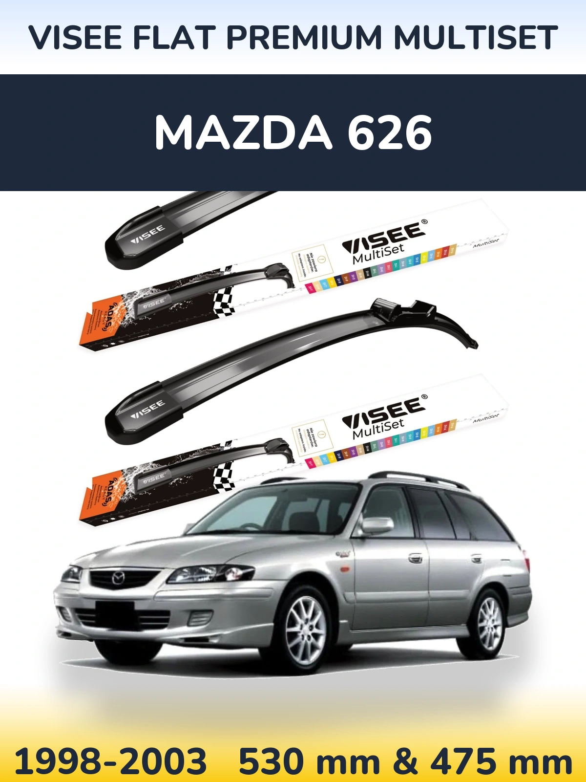 Front wiper blade set VISEE FLAT PREMIUM MultiSet 530 & 475 mm for Mazda 626 1998-2003