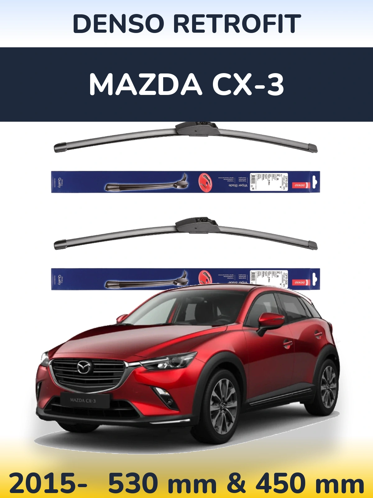 Front wiper blade set Denso Retrofit 530 & 450 mm for Mazda CX-3 2015-2026
