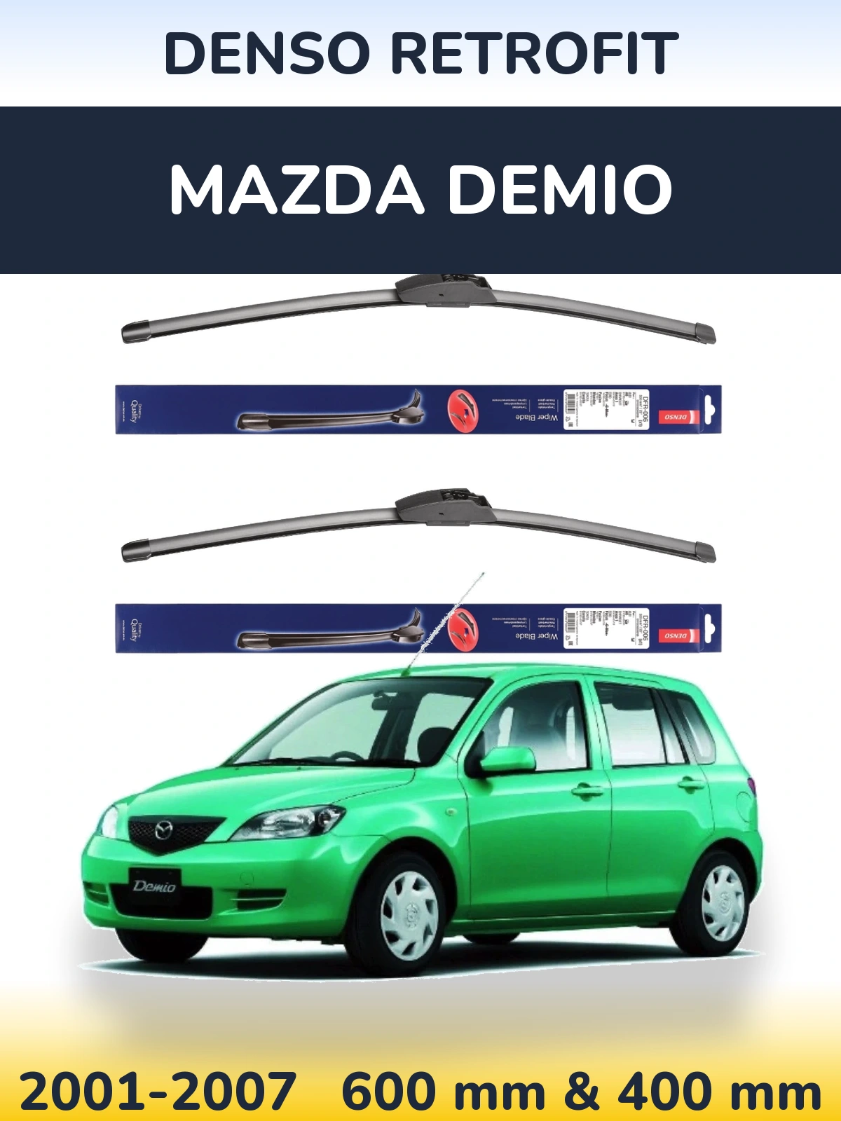 Front wiper blade set Denso Retrofit 600 & 400 mm for Mazda Demio 2001-2007
