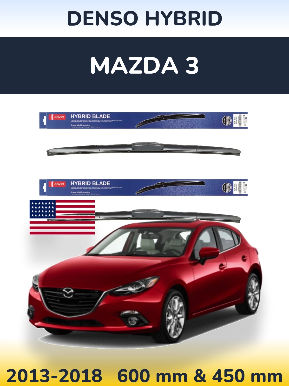 Front wiper blade set Denso Hybrid 600 & 450 mm for Mazda 3 2013-2018