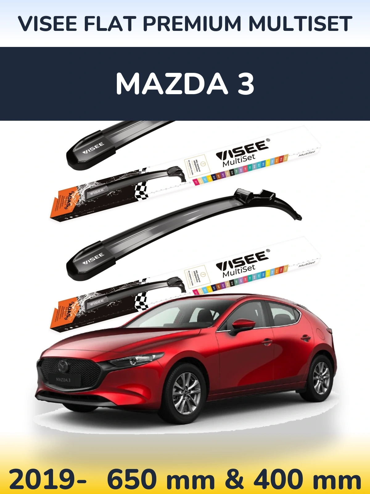 Комплект передніх щіток VISEE FLAT PREMIUM MultiSet 650 & 400 мм для Mazda 3 2019-2026