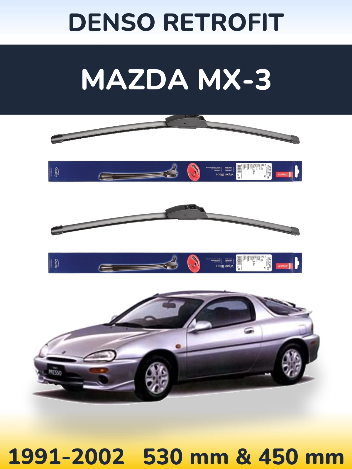 Front wiper blade set Denso Retrofit 530 & 450 mm for Mazda MX-3 1991-2002