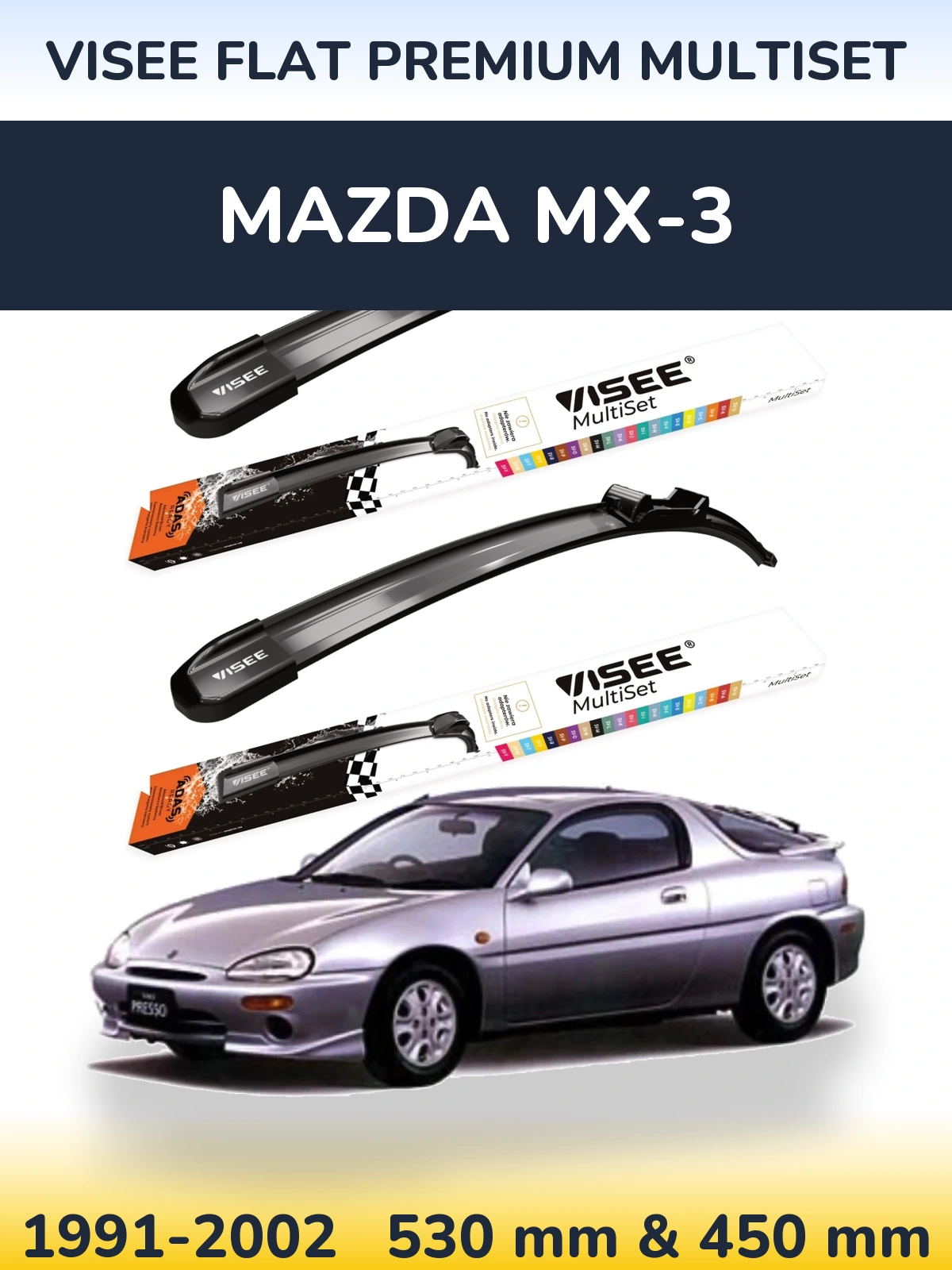 Front wiper blade set VISEE FLAT PREMIUM MultiSet 530 & 450 mm for Mazda MX-3 1991-2002