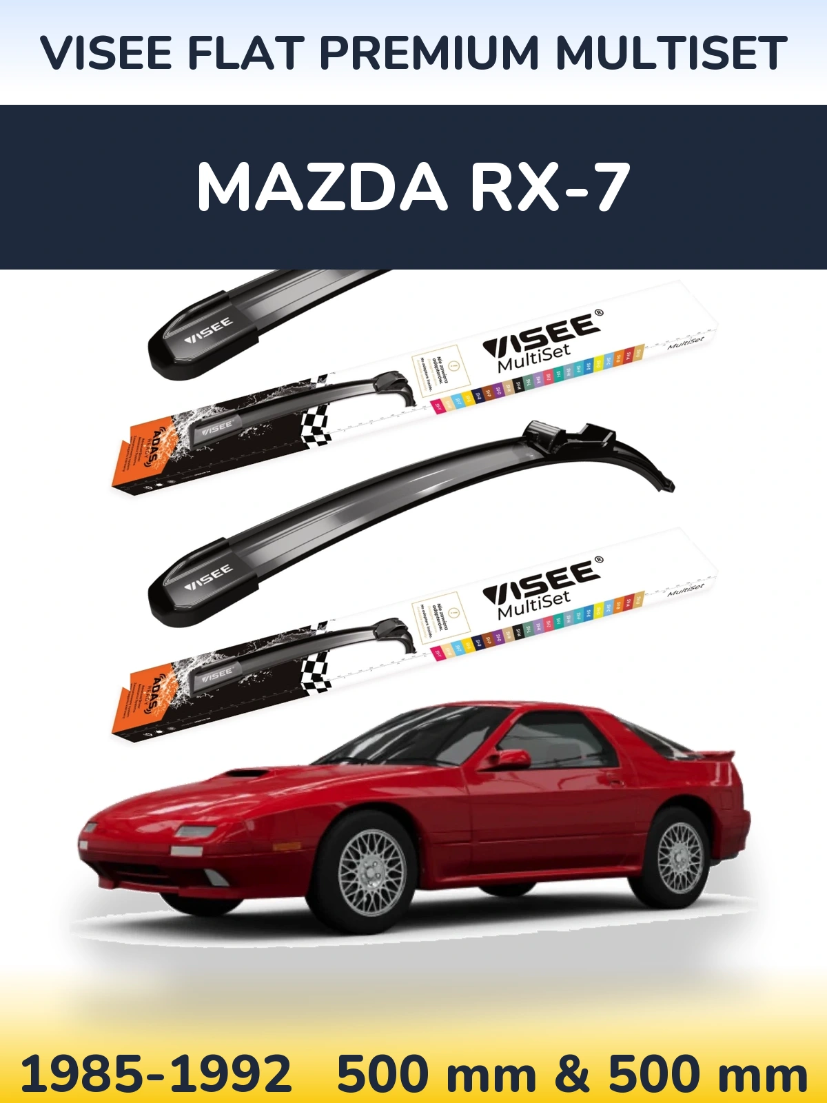 Front wiper blade set VISEE FLAT PREMIUM MultiSet 500 & 500 mm for Mazda RX-7 1985-1992