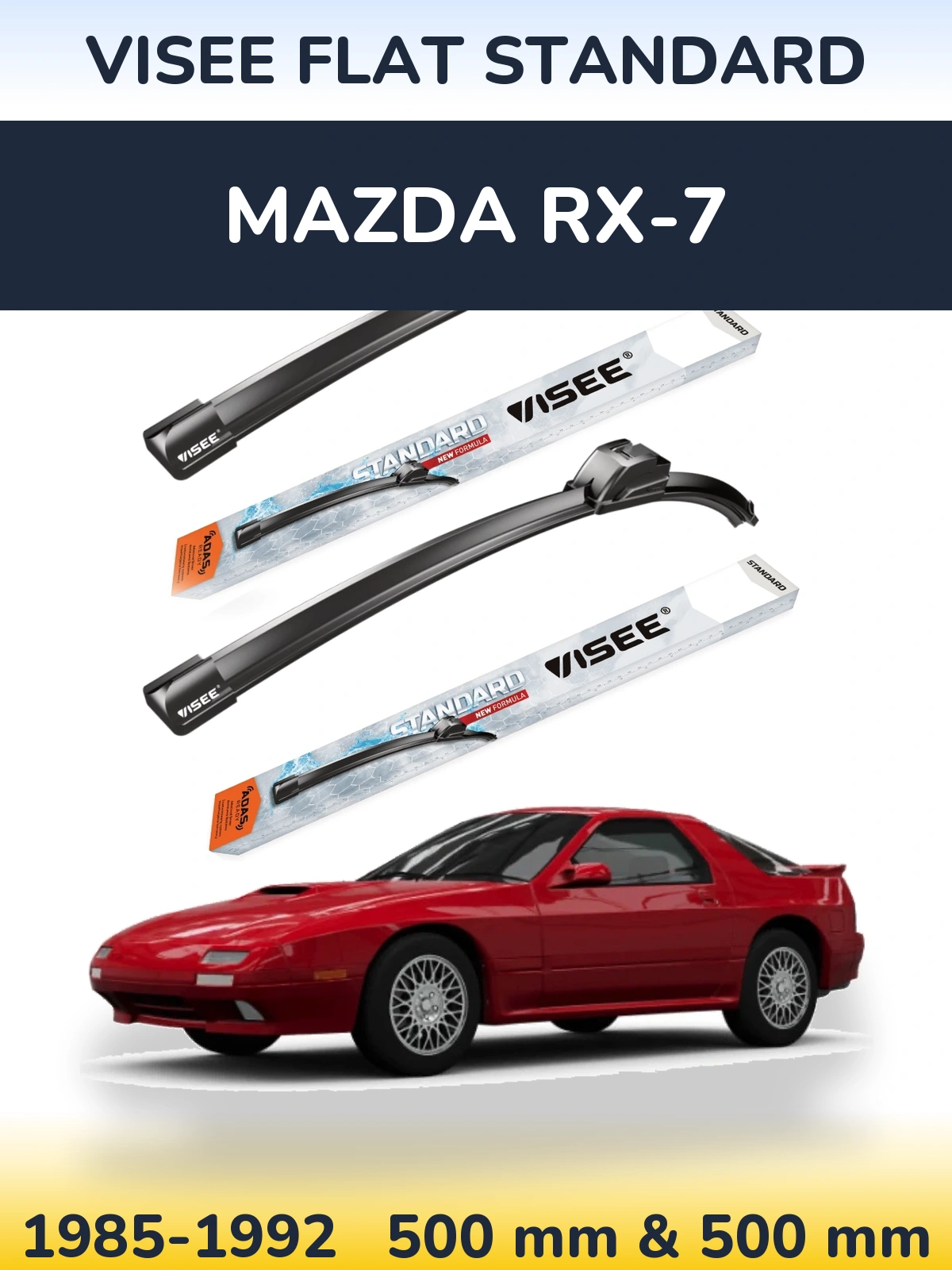 Front wiper blade set VISEE FLAT STANDARD 500 & 500 mm for Mazda RX-7 1985-1992