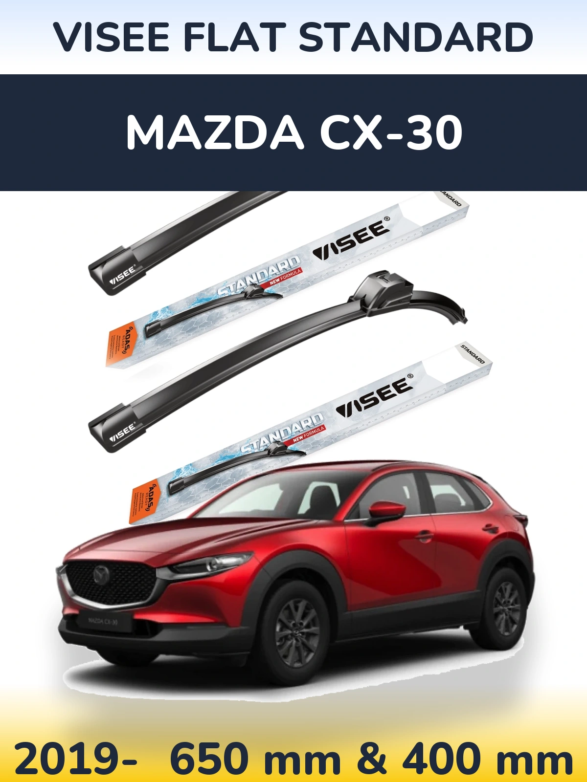 Front wiper blade set VISEE FLAT STANDARD 650 & 400 mm for Mazda CX-30 2019-2026