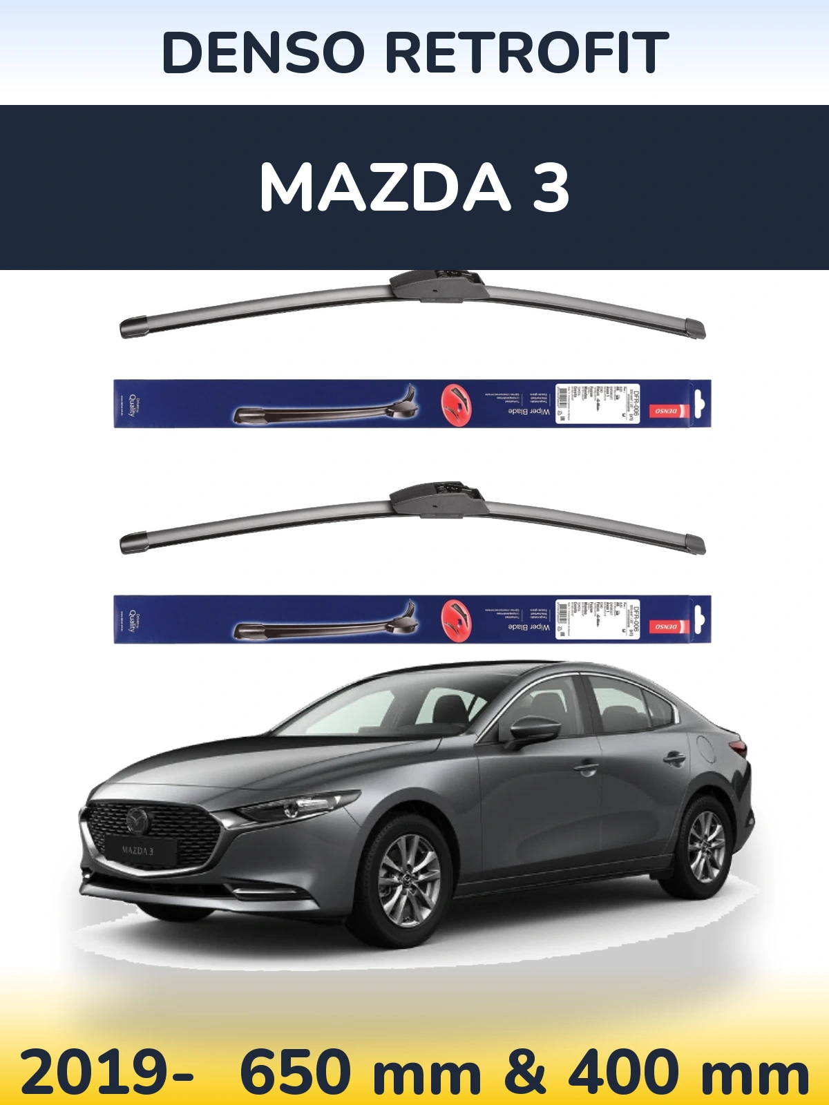 Front wiper blade set Denso Retrofit 650 & 400 mm for Mazda 3 2019-2026