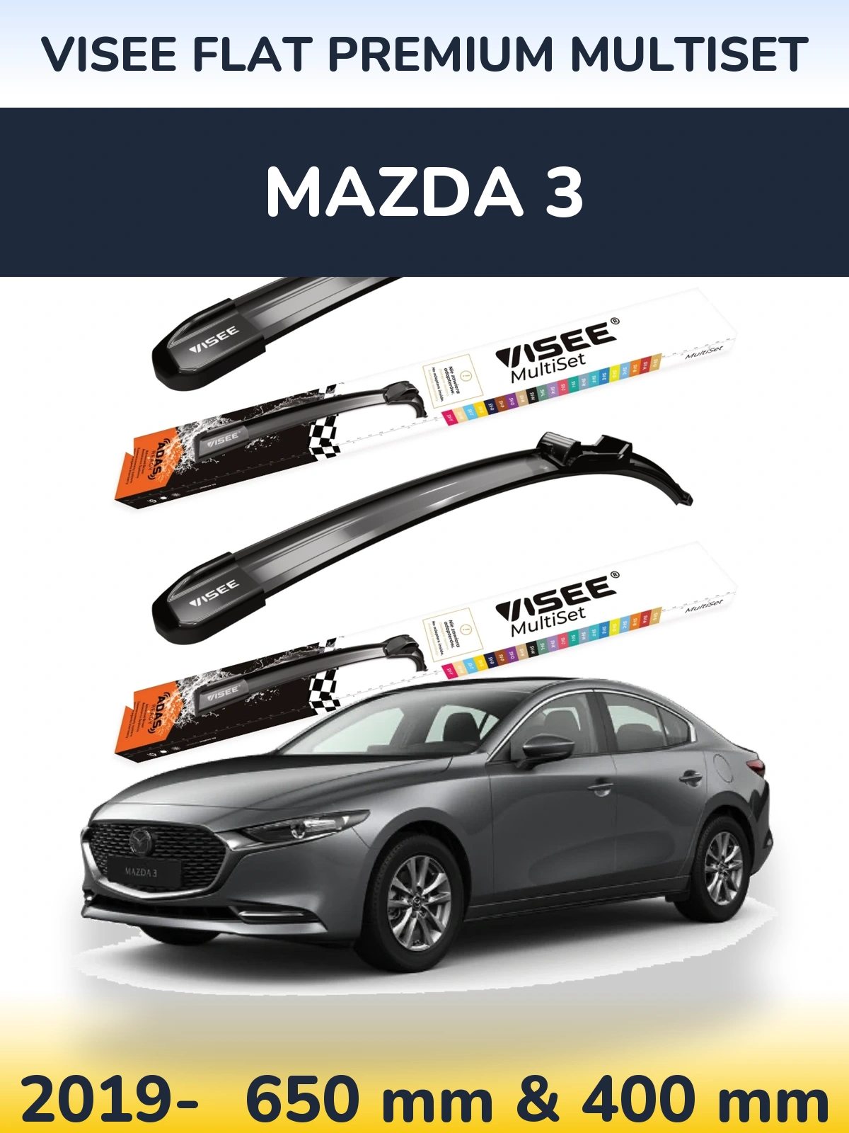 Front wiper blade set VISEE FLAT PREMIUM MultiSet 650 & 400 mm for Mazda 3 2019-2026
