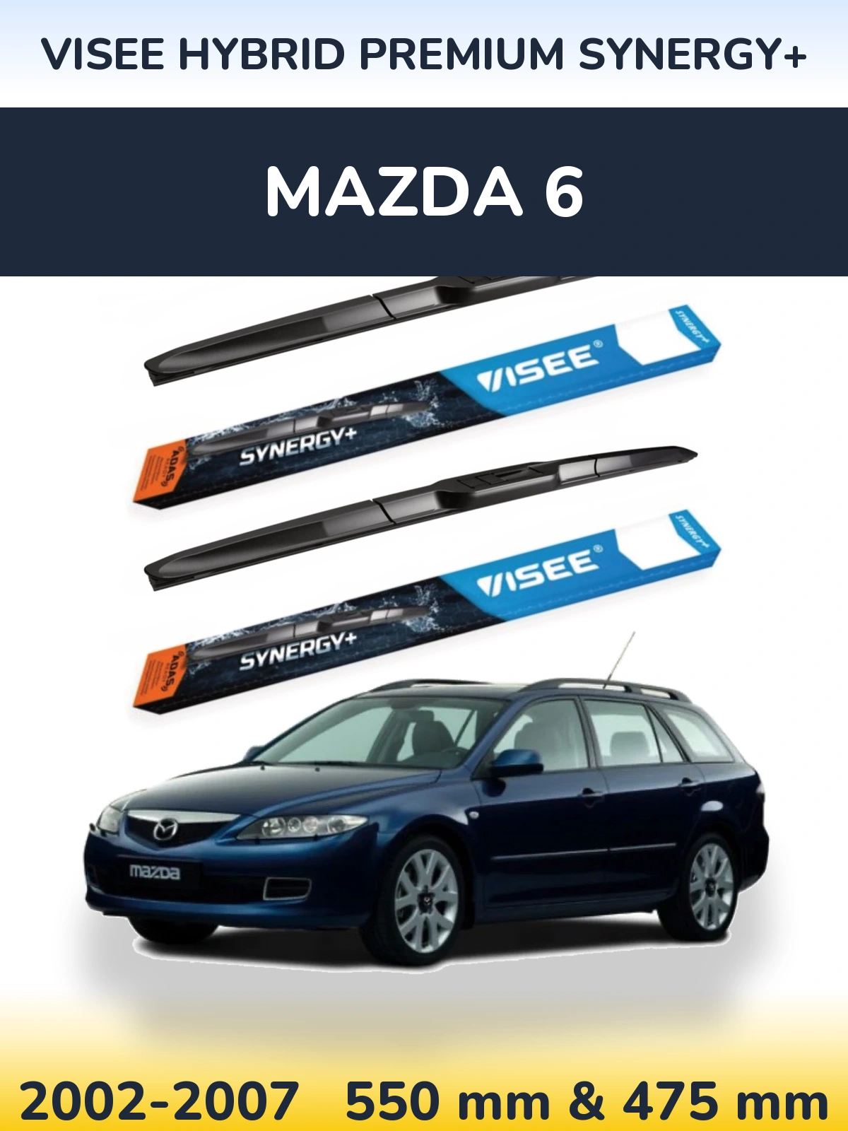 Front wiper blade set VISEE HYBRID PREMIUM SYNERGY+ 550 & 475 mm for Mazda 6 2002-2007