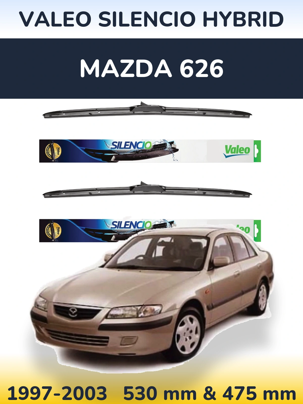 Front wiper blade set Valeo Silencio Hybrid 530 & 475 mm for Mazda 626 1997-2003