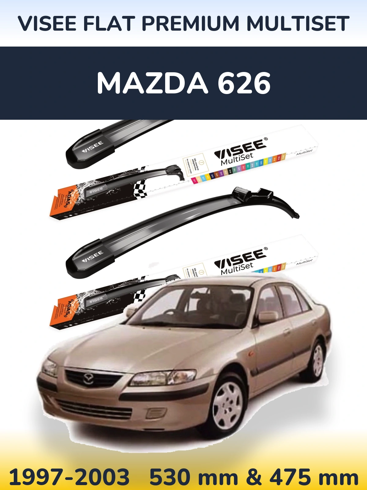 Front wiper blade set VISEE FLAT PREMIUM MultiSet 530 & 475 mm for Mazda 626 1997-2003