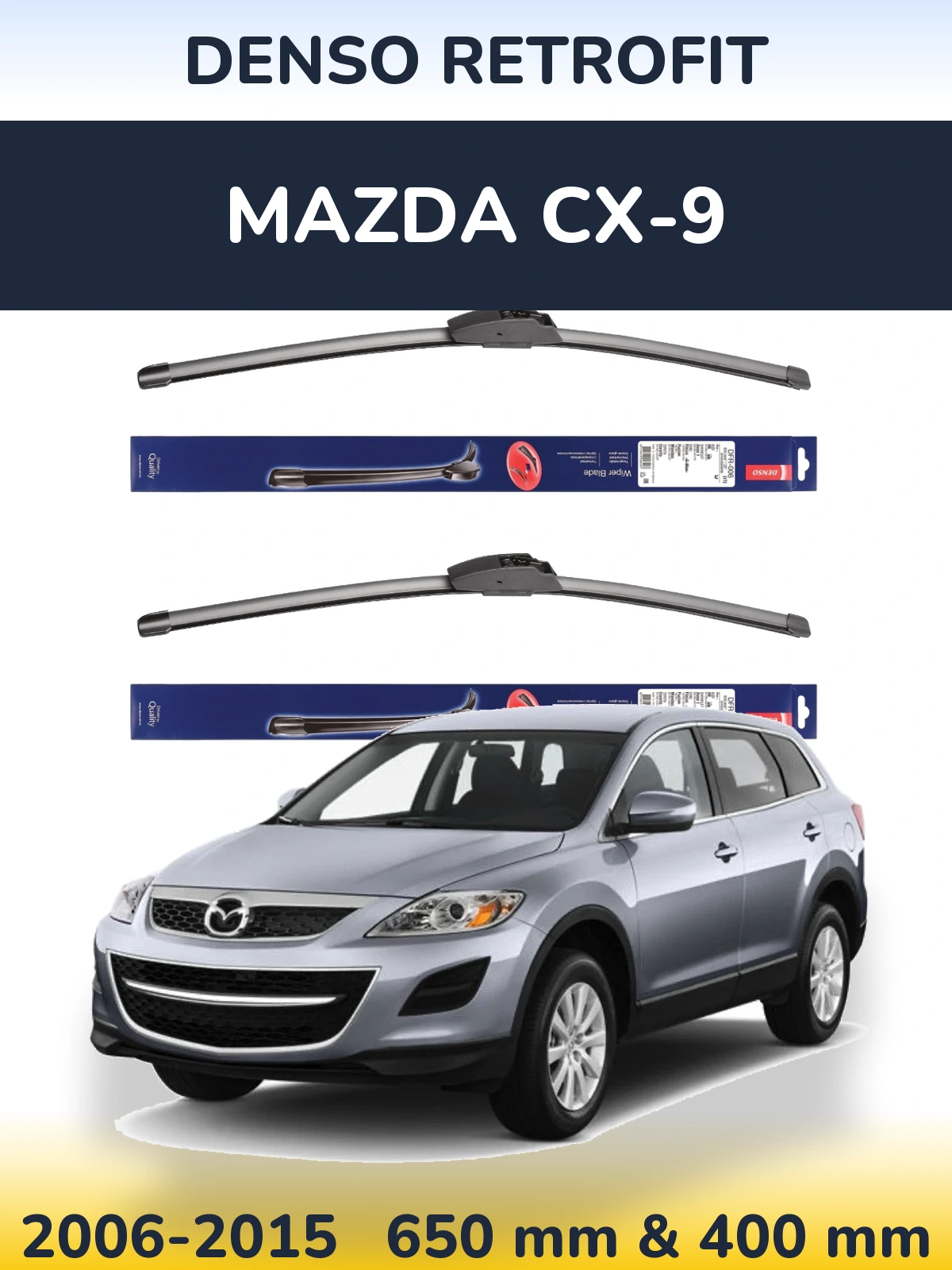 Front wiper blade set Denso Retrofit 650 & 400 mm for Mazda CX-9 2006-2015