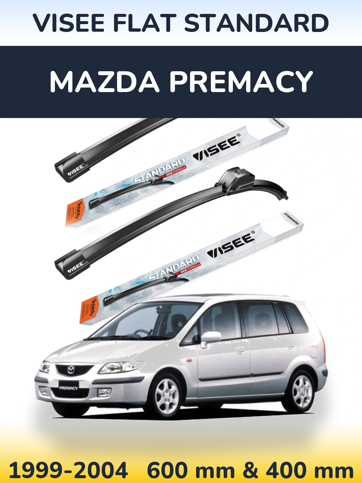 Front wiper blade set VISEE FLAT STANDARD 600 & 400 mm for Mazda Premacy 1999-2004