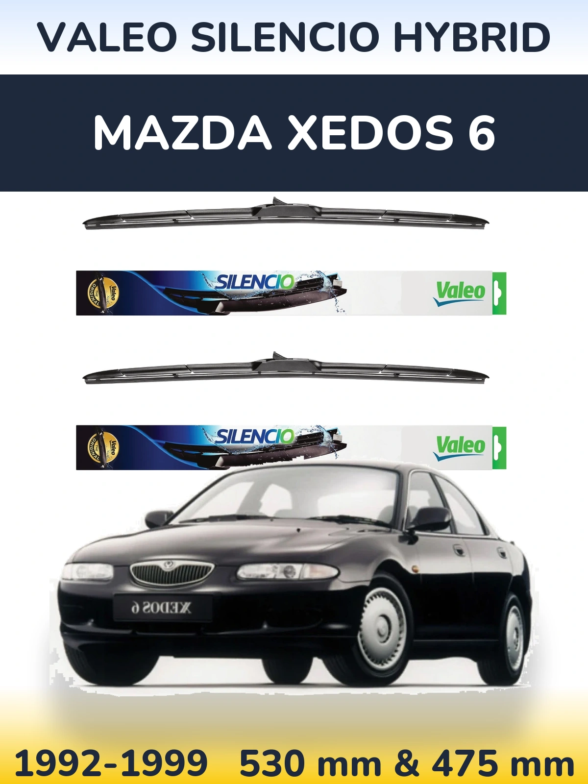 Front wiper blade set Valeo Silencio Hybrid 530 & 475 mm for Mazda Xedos 6 1992-1999