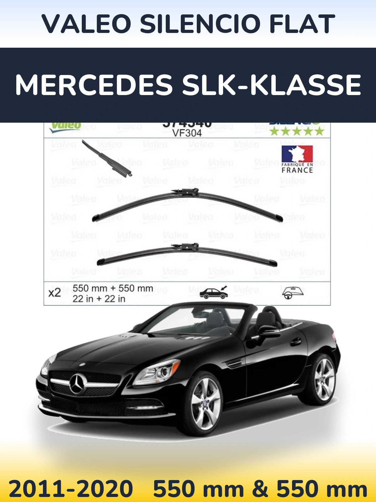 Front wiper blade set Valeo Silencio Flat 550 & 550 mm for Mercedes SLK-Klasse 2011-2020