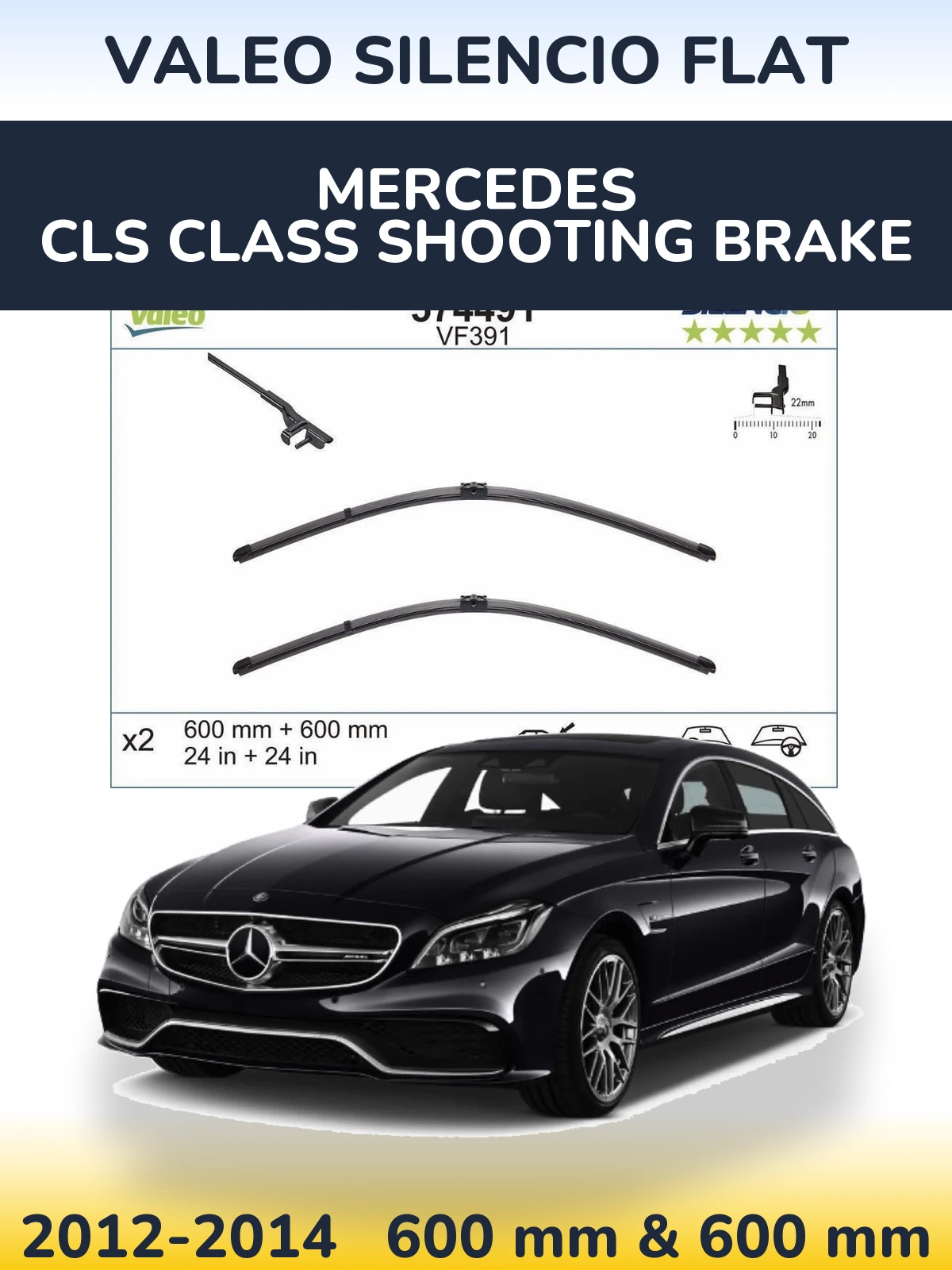 Front wiper blade set Valeo Silencio Flat 600 & 600 mm for Mercedes CLS Class Shooting Brake 2012-2014