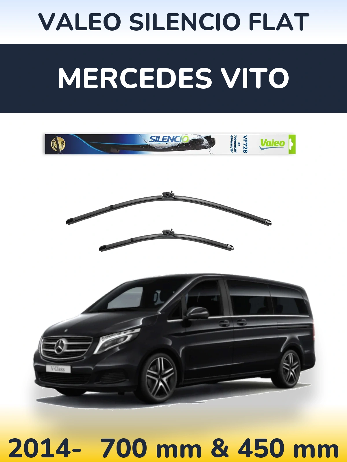 Front wiper blade set Valeo Silencio Flat 700 & 450 mm for Mercedes Vito 2014-2026