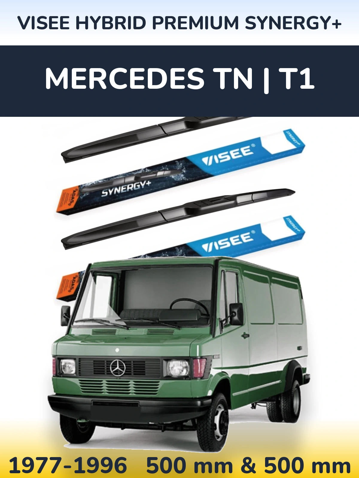 Front wiper blade set VISEE HYBRID PREMIUM SYNERGY+ 500 & 500 mm for Mercedes TN | T1 1977-1996