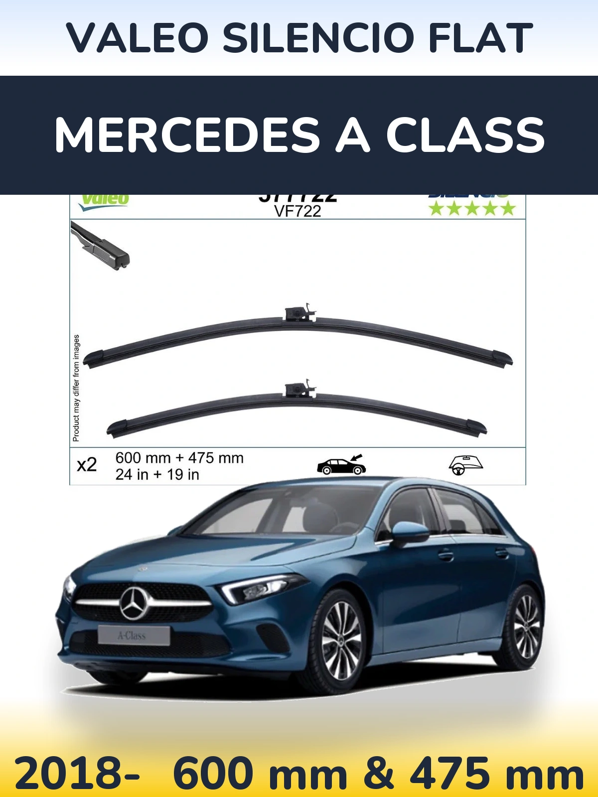Front wiper blade set Valeo Silencio Flat 600 & 475 mm for Mercedes A Class 2018-2026