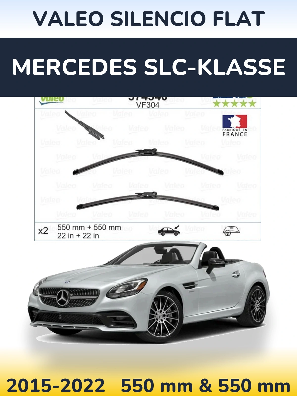 Front wiper blade set Valeo Silencio Flat 550 & 550 mm for Mercedes SLC-Klasse 2015-2022
