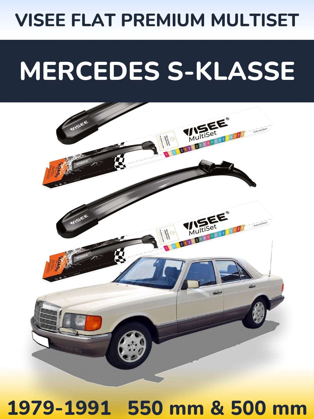 Front wiper blade set VISEE FLAT PREMIUM MultiSet 550 & 500 mm for Mercedes S-Klasse 1979-1991