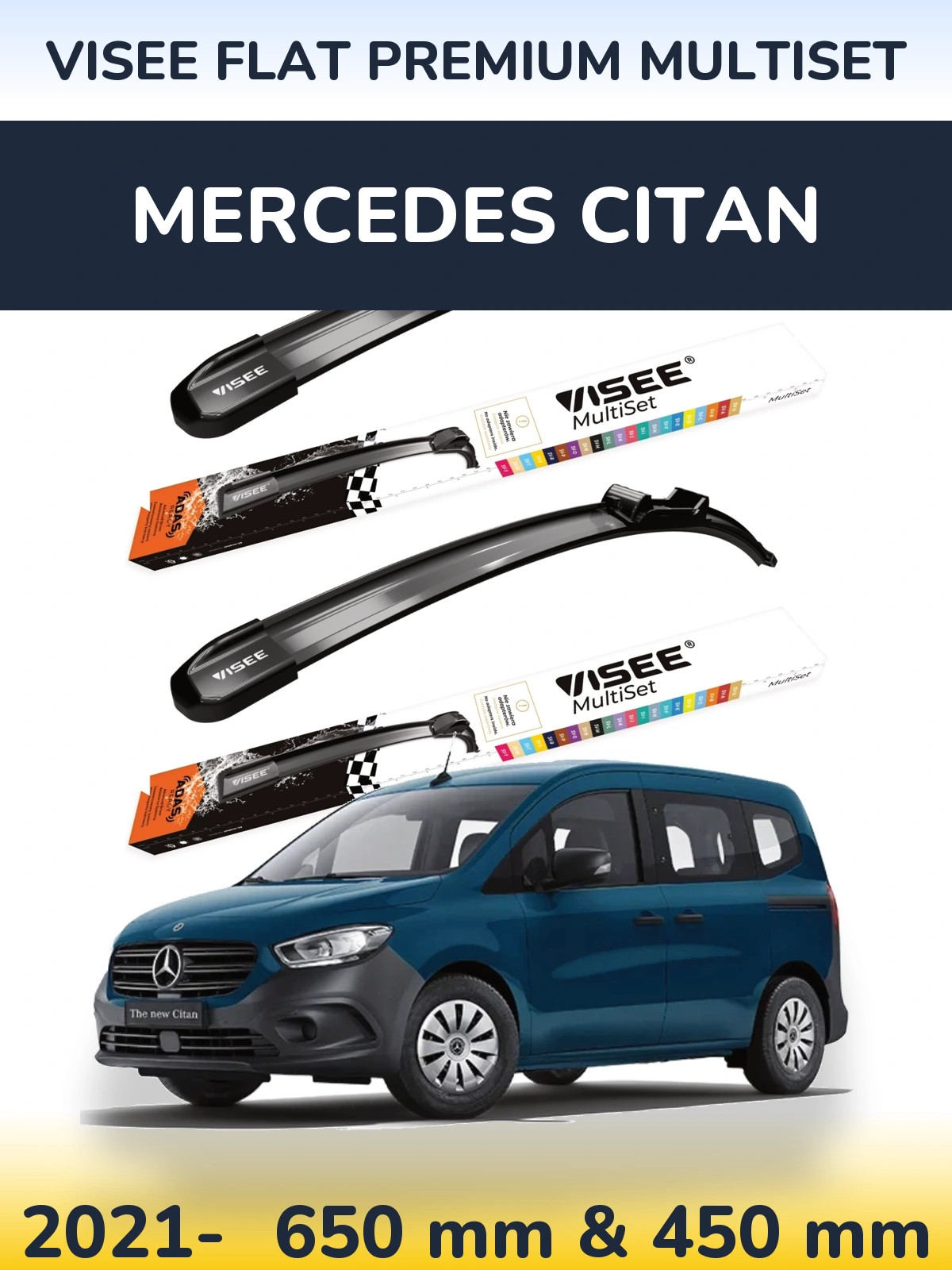 Front wiper blade set VISEE FLAT PREMIUM MultiSet 650 & 450 mm for Mercedes Citan 2021-2026