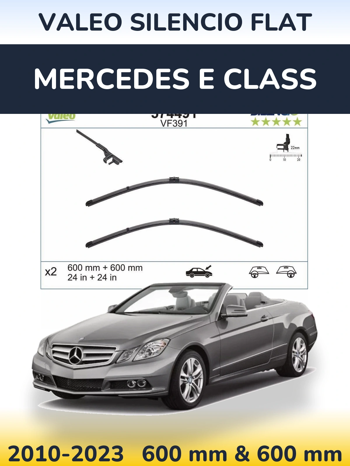 Front wiper blade set Valeo Silencio Flat 600 & 600 mm for Mercedes E Class 2010-2023