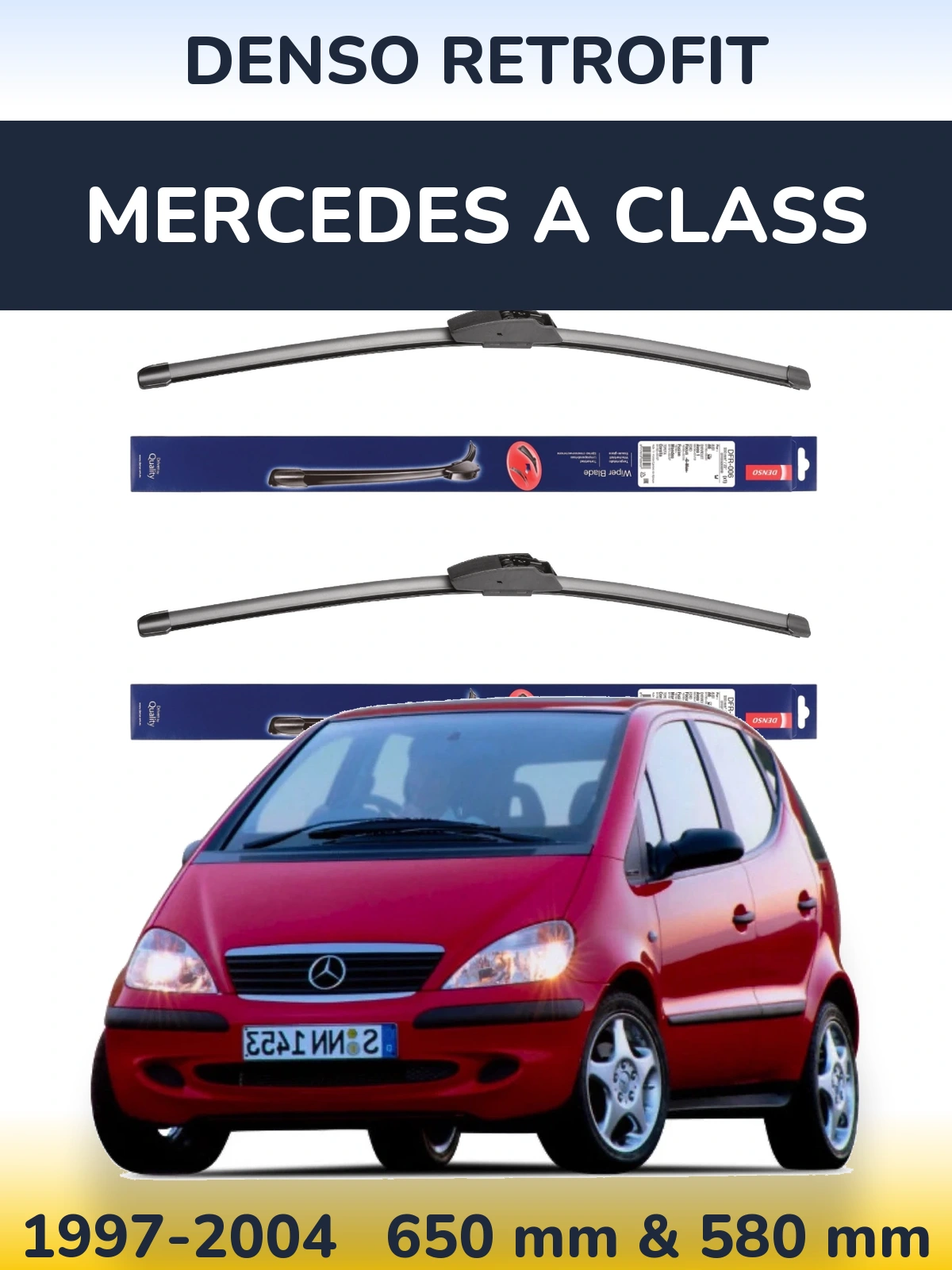 Front wiper blade set Denso Retrofit 650 & 580 mm for Mercedes A Class 1997-2004