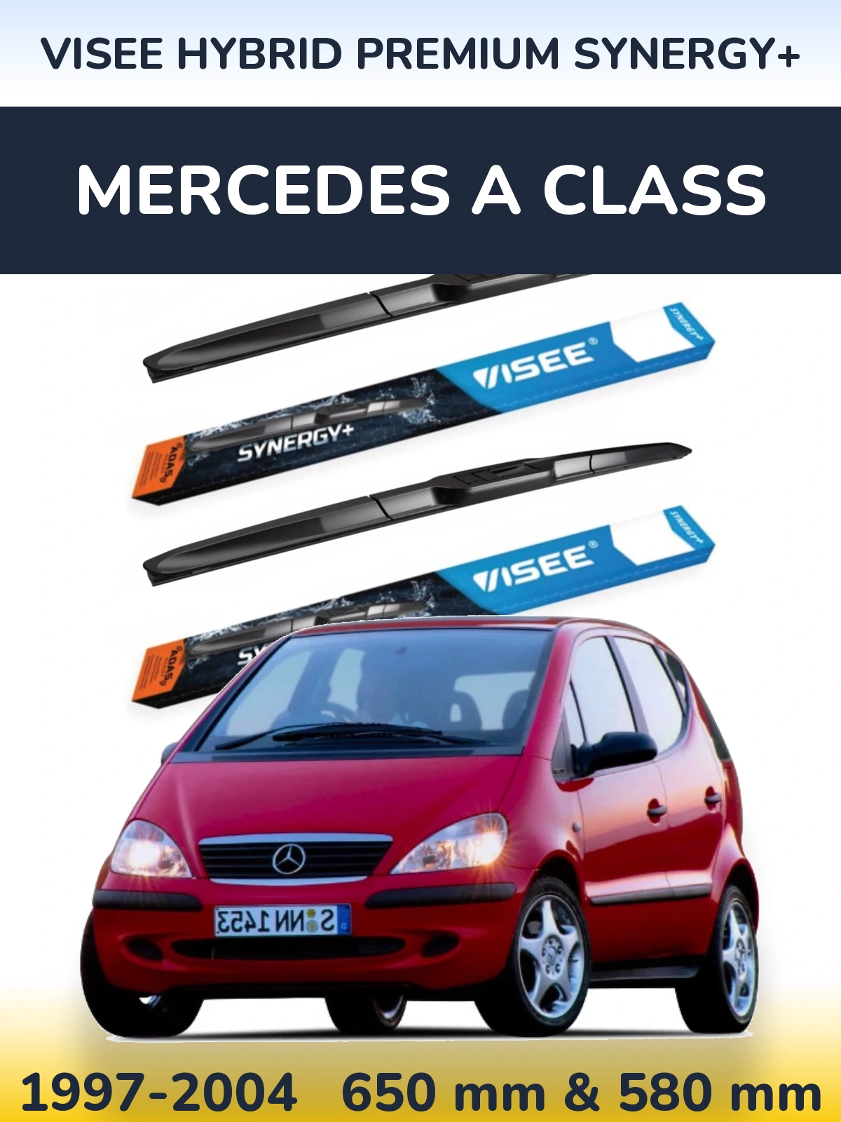 Front wiper blade set VISEE HYBRID PREMIUM SYNERGY+ 650 & 580 mm for Mercedes A Class 1997-2004