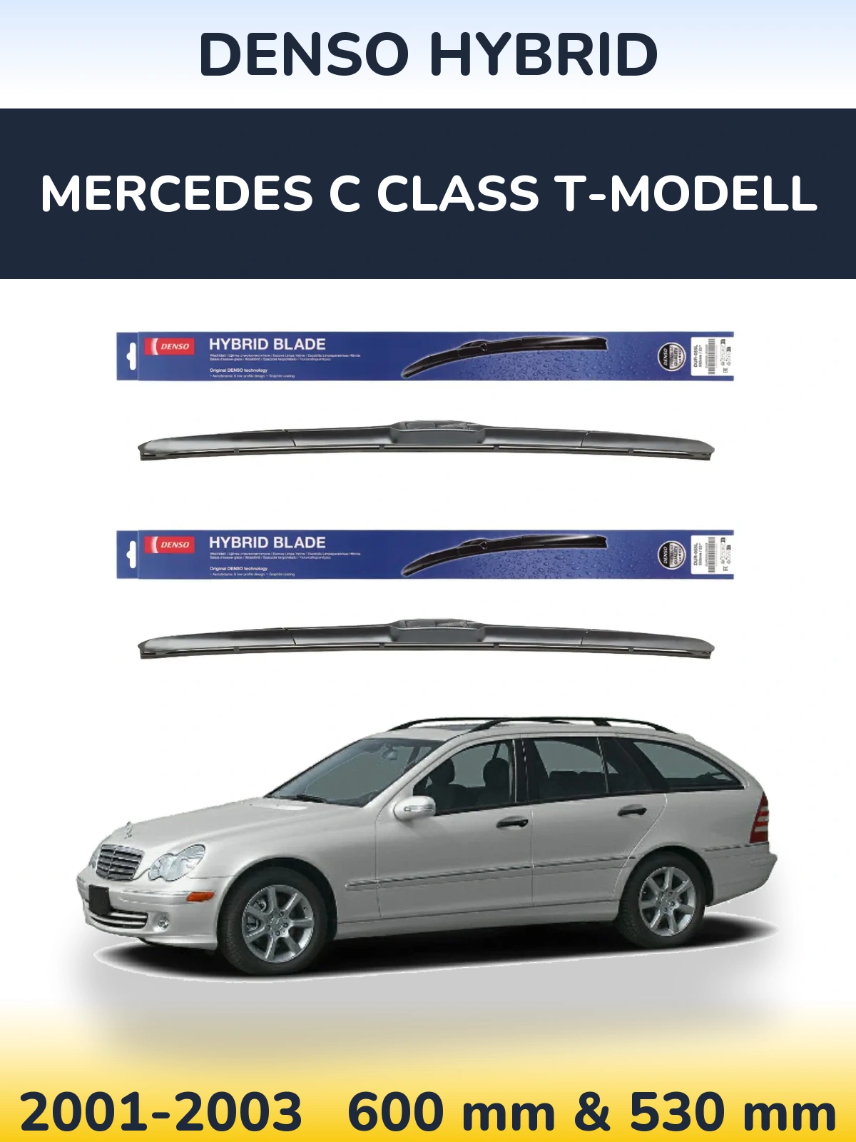 Front wiper blade set Denso Hybrid 600 & 530 mm for Mercedes C Class T-Modelisl 2001-2003