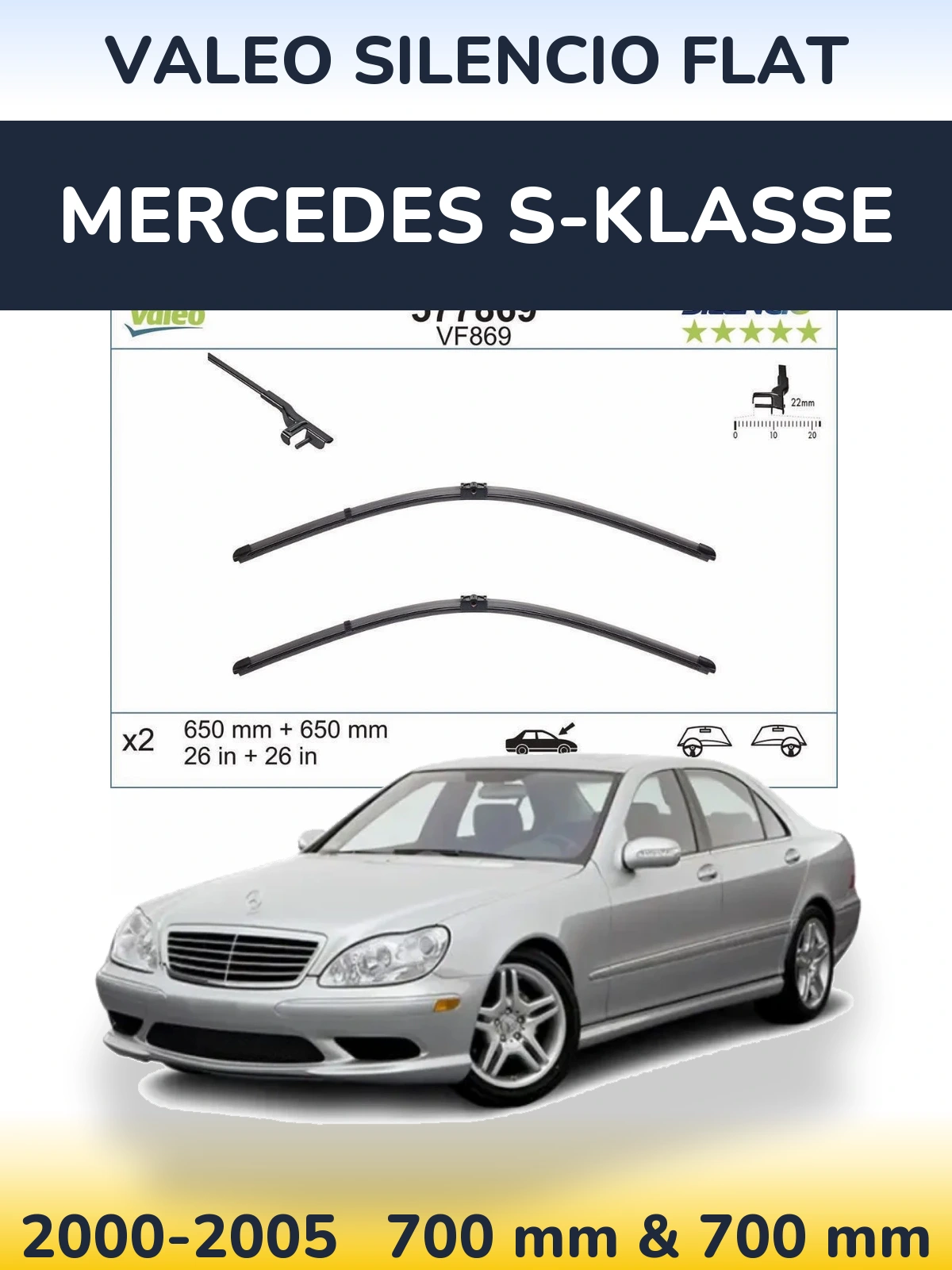 Front wiper blade set Valeo Silencio Flat 680 & 680 mm for Mercedes S-Klasse 2000-2005