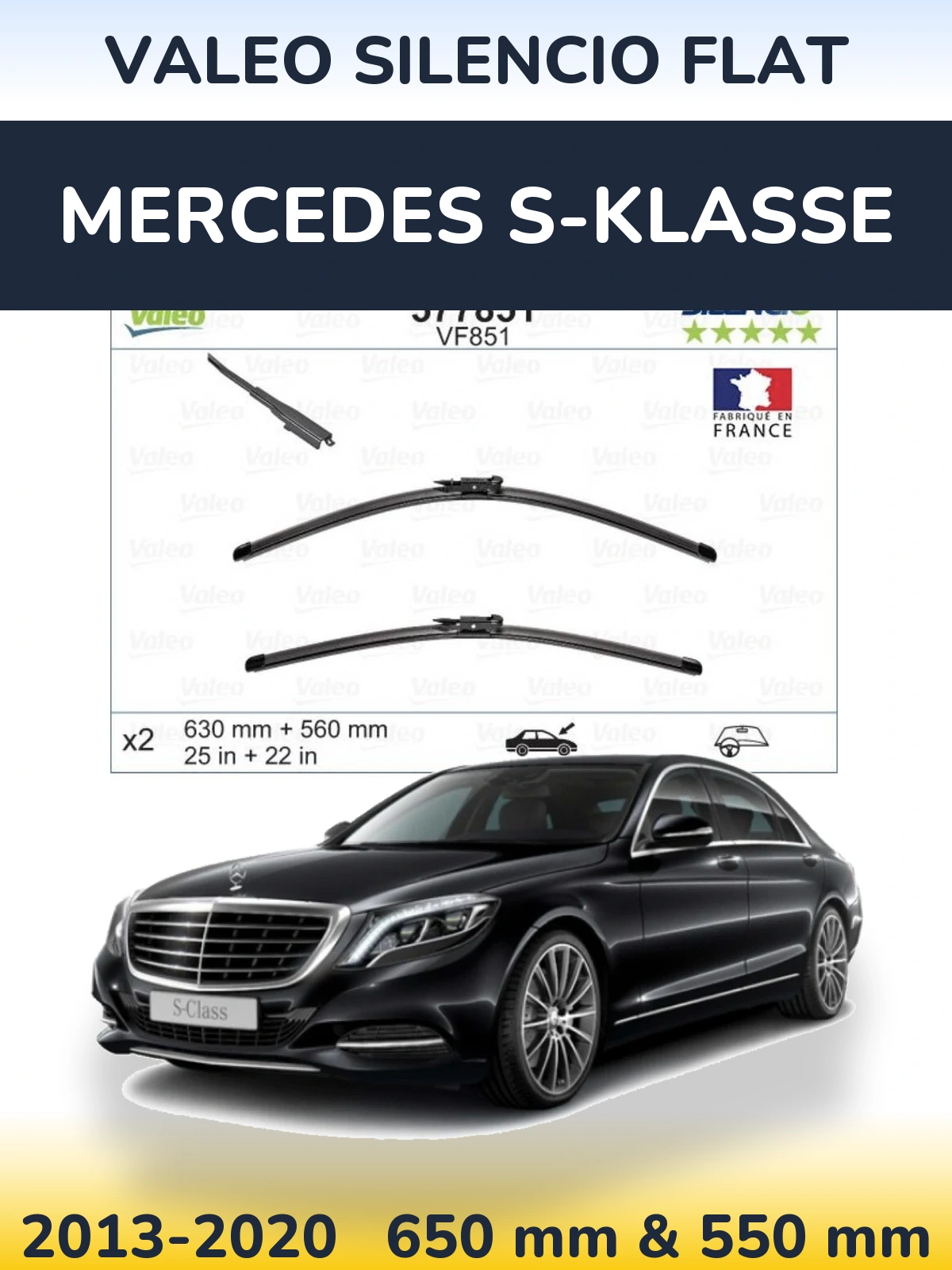 Front wiper blade set Valeo Silencio Flat 630 & 560 mm for Mercedes S-Klasse 2013-2020