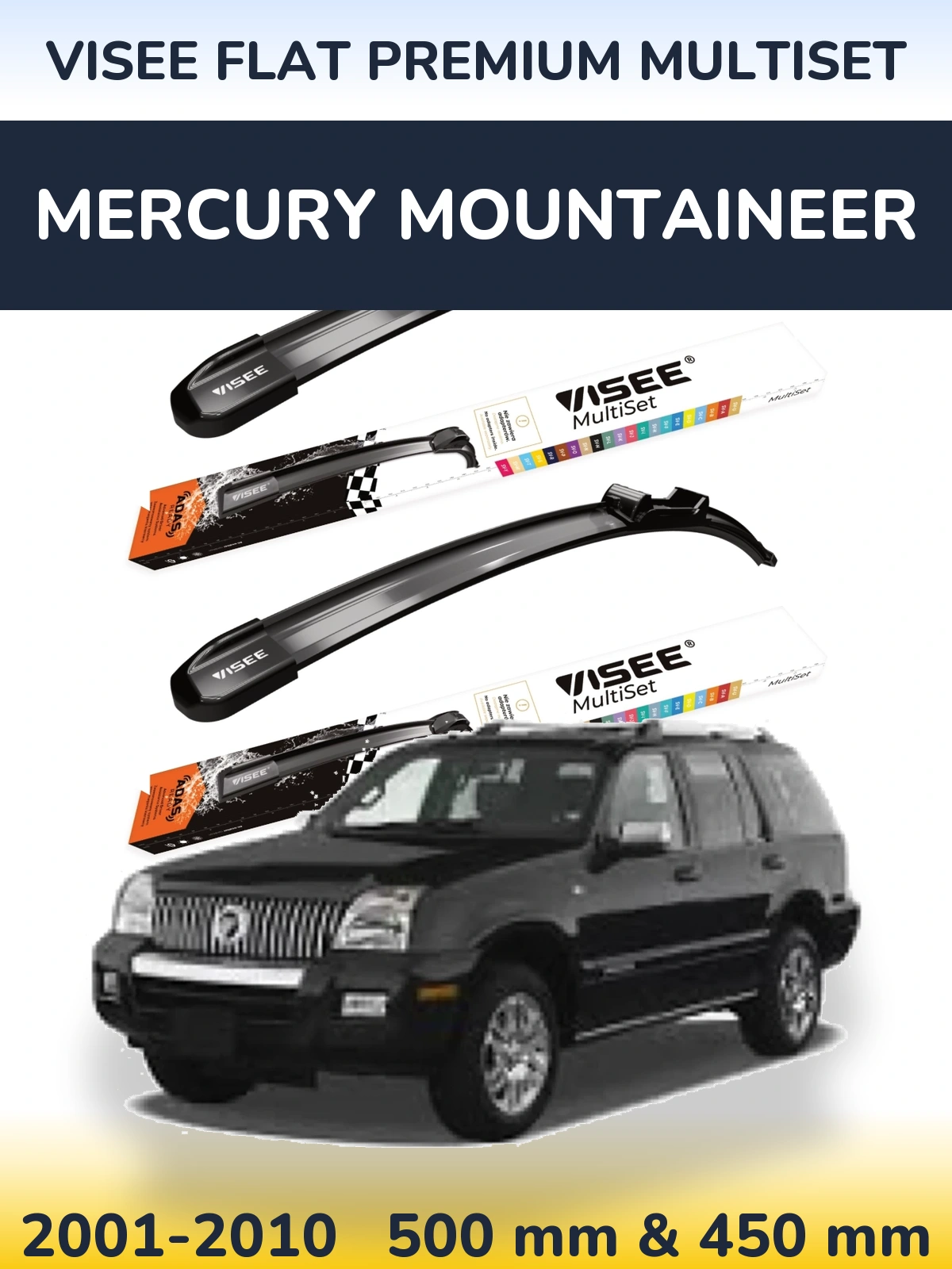 Front wiper blade set VISEE FLAT PREMIUM MultiSet 500 & 450 mm for Mercury Mountaineer 2001-2010