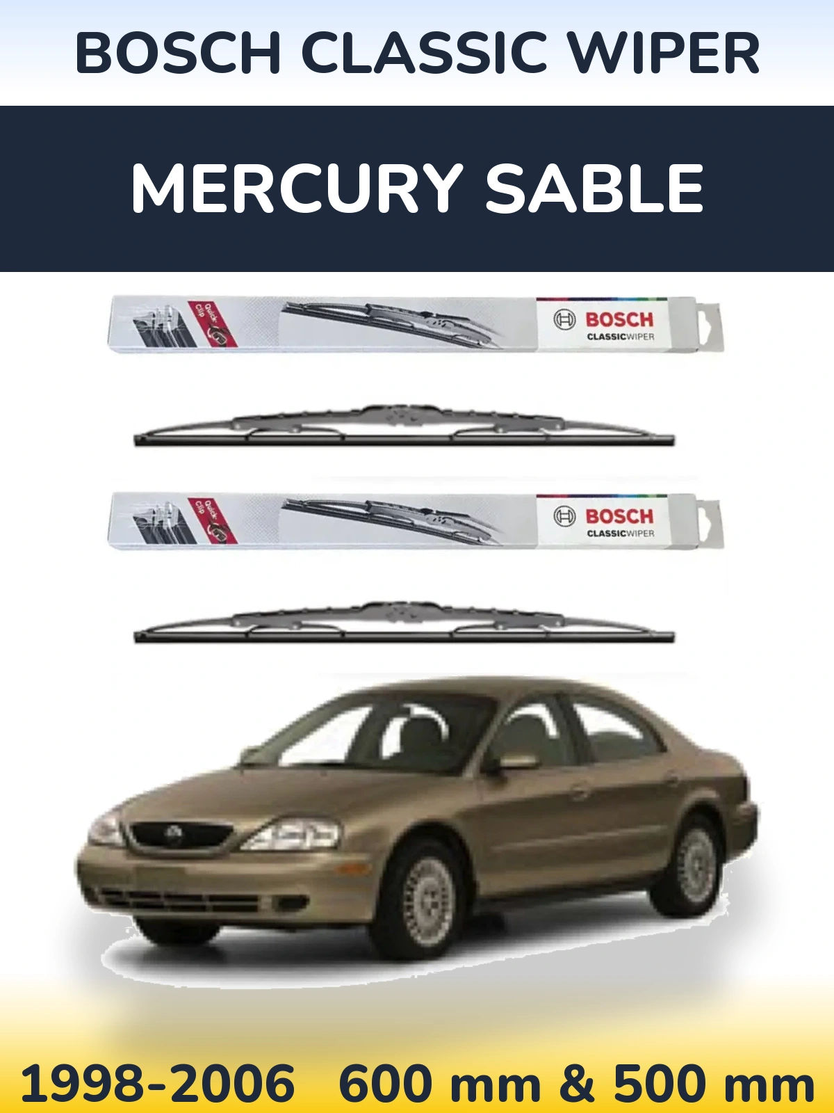 Front wiper blade set BOSCH Classic Wiper 600 & 500 mm for Mercury Sable 1998-2006
