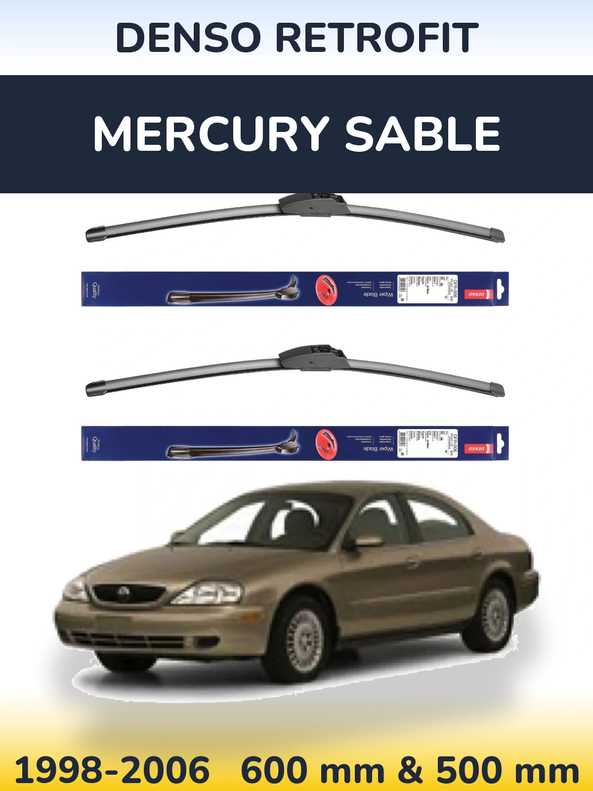 Front wiper blade set Denso Retrofit 600 & 500 mm for Mercury Sable 1998-2006