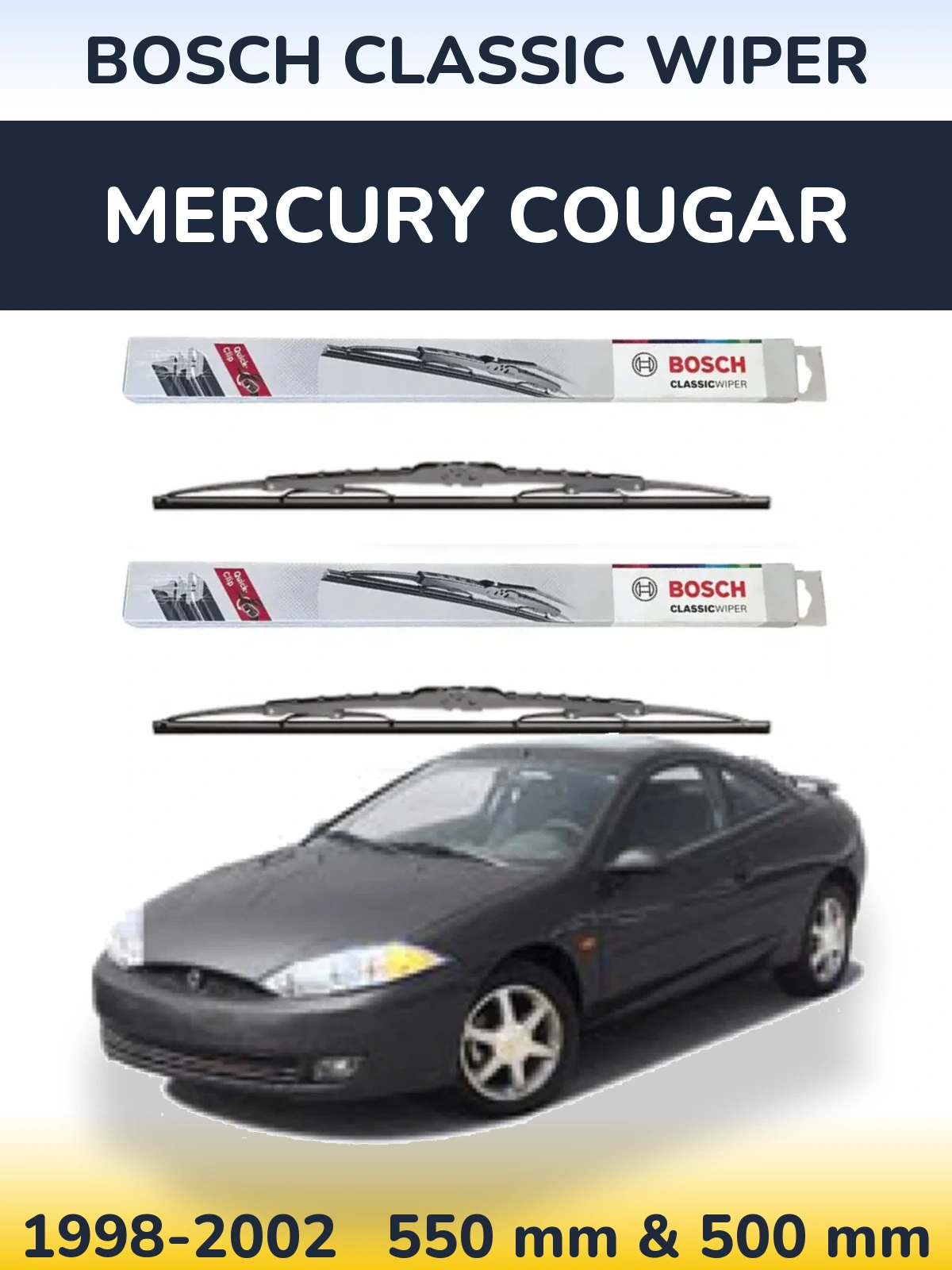 Front wiper blade set BOSCH Classic Wiper 550 & 500 mm for Mercury Cougar 1998-2002