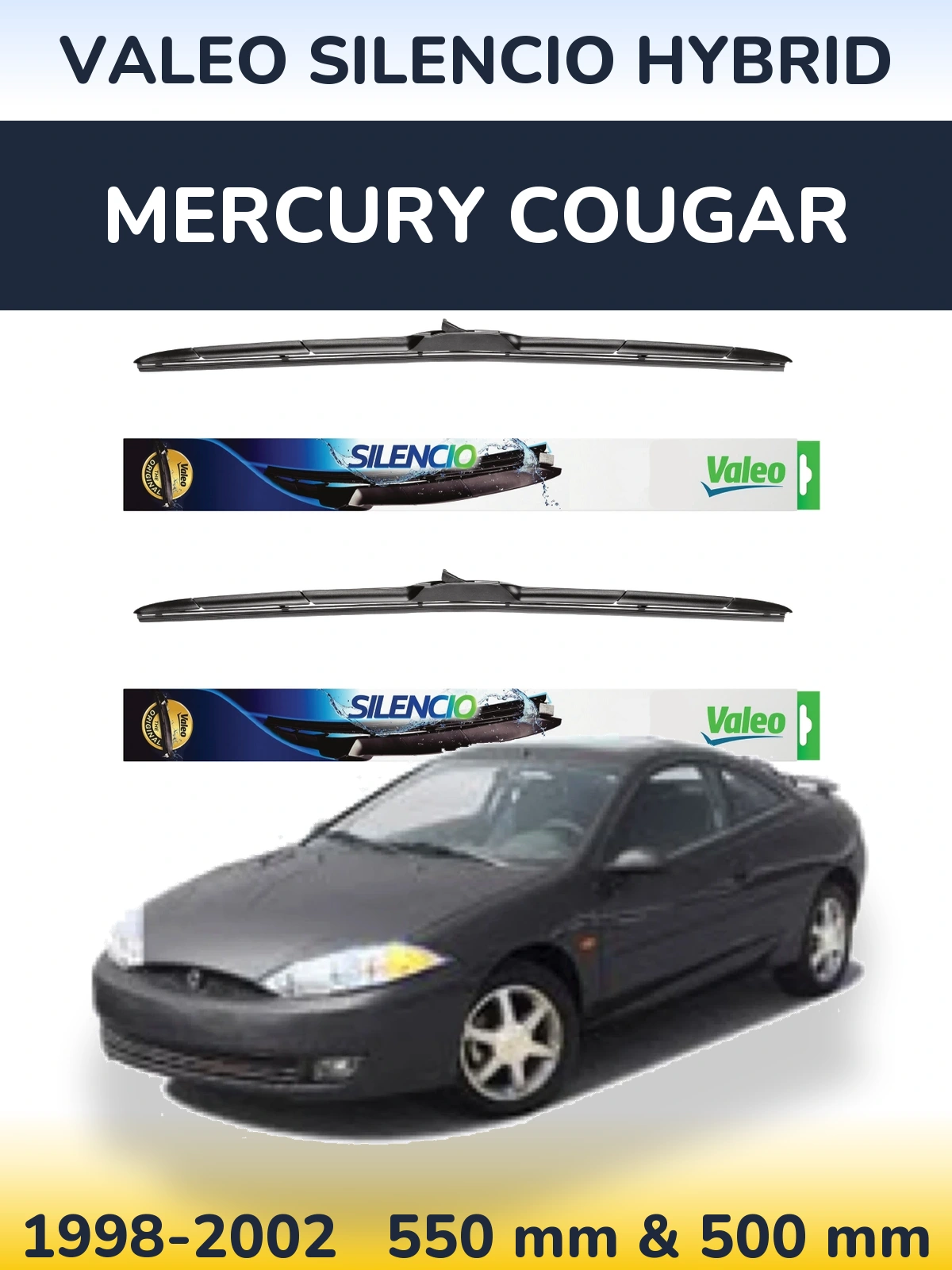 Front wiper blade set Valeo Silencio Hybrid 550 & 500 mm for Mercury Cougar 1998-2002